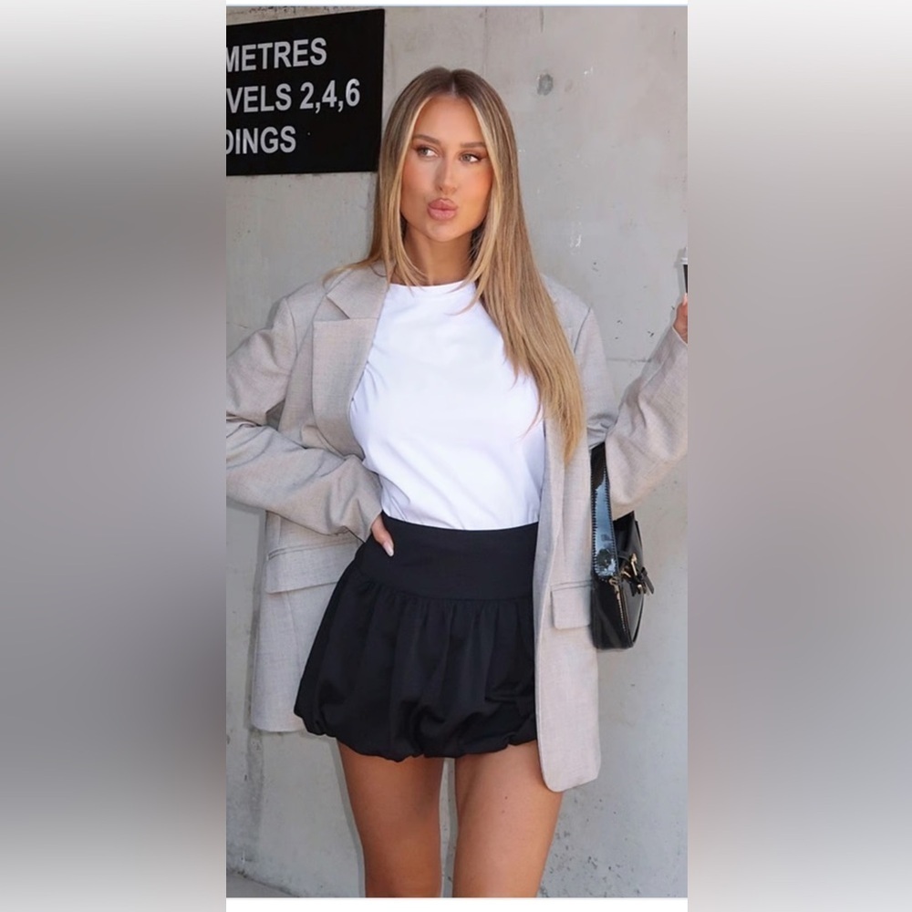 White Fox Boutique Black Bubble Skirt with Beige Blazer